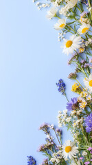 Wall Mural - Light blue background with flowers on the borders, vertical banner with copy space and floral frame. Framework for wedding invitation or card, spring design
