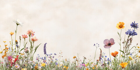 Wall Mural - Light beige background with flowers on the borders, banner with copy space and floral frame. Framework for wedding invitation or card, spring design	