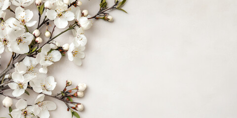 Wall Mural - Light beige background with flowers on the borders, banner with copy space and floral frame. Framework for wedding invitation or card, spring design	