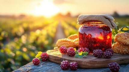 Wall Mural - berry jam served with rolls on a wooden table in a farm field at sunset