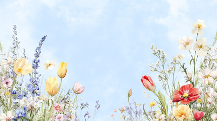 Wall Mural - Light blue background with flowers on the borders, banner with copy space and floral frame. Framework for wedding invitation or card, spring design