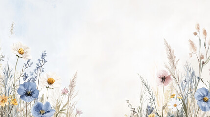 Wall Mural - Light beige background with flowers on the borders, banner with copy space and floral frame. Framework for wedding invitation or card, spring design	