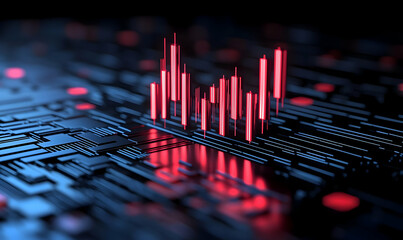 Poster - Abstract Digital Background with Red Candlestick Chart and Circuitry