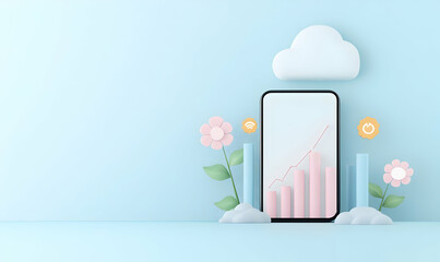 Poster - Smartphone with Growth Chart and Floral Elements on Blue Background