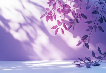 Poster - Aesthetic Background with Pink and Purple Leaves Casting Shadows on a Soft Pastel Purple Wall for Creative Design and Art Projects