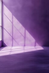 Poster - Aesthetic Interior with Purple Walls and Dramatic Light Shadows from Window in a Minimalistic Room, Creating a Calm and Serene Atmosphere