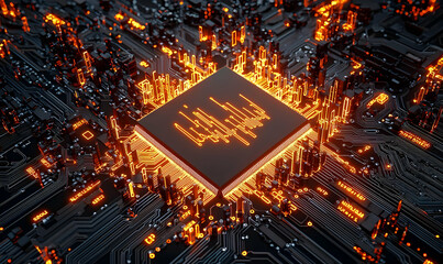 Poster - Abstract Circuit Board with Glowing Processor and Neon Lights