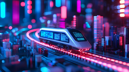 Poster - Futuristic Train Exploring Neon Cityscape with Digital Transformation