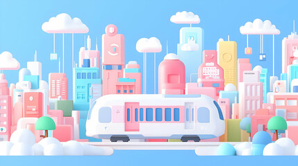 Naklejka na meble Colorful 3D Cityscape with Cartoon Train and Whimsical Clouds