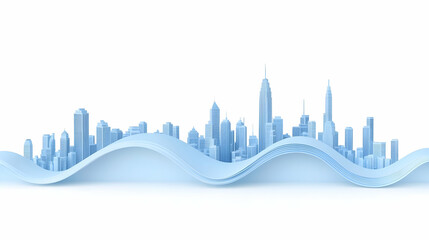 Poster - Modern City Skyline with Abstract Wave Element in Soft Blue Tones