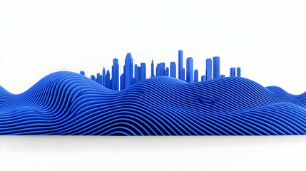 Poster - Blue Waves and City Skyline in Abstract 3D Design Concept