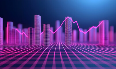 Poster - Futuristic Cityscape with Neon Lights and Data Visualization Elements