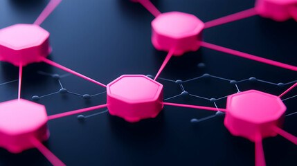 Poster - Bright Pink Hexagonal Nodes Connected by Thin Lines on Dark Background