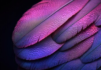Poster - Close-Up of Vibrant Colorful Bird Feathers Showcasing Intricate Patterns and Texture Against a Dark Background for Nature and Wildlife Themes