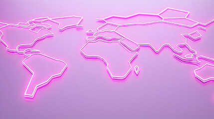Poster - Neon Pink Outline of a World Map on a Purple Background