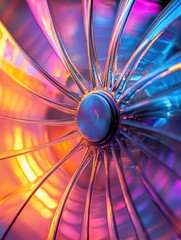 Poster - Colorful Abstract Image of a Metallic Fan Blade with Vibrant Light Reflections in Blue, Pink, Orange, and Purple Shades