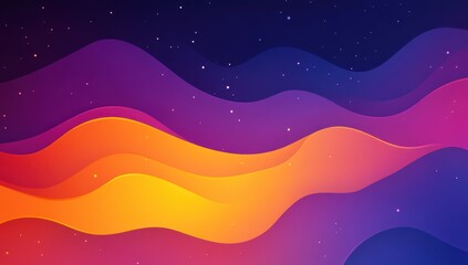 Poster - Colorful abstract waves create a dreamy landscape in a vibrant gradient of orange, purple, and blue with twinkling stars in the night sky