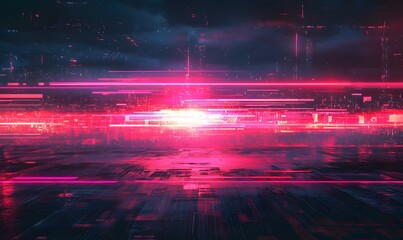 Poster - Futuristic city nightscape with digital data streams glowing in vibrant pink