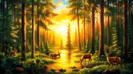 Deer are drinking water by a sunlit forest stream in painting