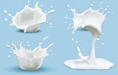 Poster - Dynamic Splashing Milk in Various Forms on a Light Blue Background, Ideal for Food and Beverage Themes, Creative Projects, and Visual Storytelling