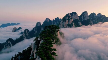 Aufkleber - Misty mountains with pine trees at sunrise, serene landscape. Nature tranquility