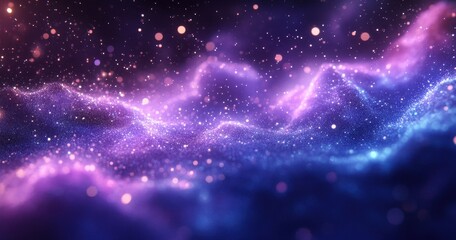 Poster - Ethereal Cosmic Background with Glowing Particles and Colorful Waves of Light in a Starry Night Sky for Creative Projects