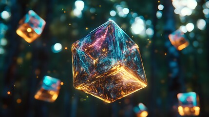 Poster - Illuminated Cube in Ethereal Forest with Sparkling Particles