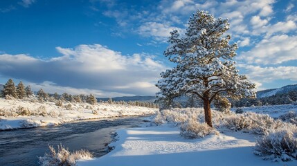 stunning snow covered pine tree beneath a blue sky with clouds for a winter landscape card