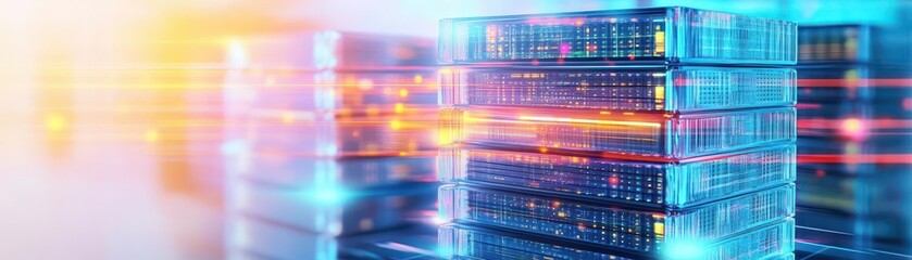 Poster - Modern Server Room with High-Density Stacked Servers Illuminated by Soft LED Lights Creating a Clean and Efficient Technology Environment