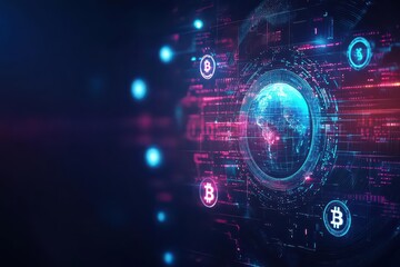 Poster - Intricate Digital Illustration of a Globe with a Coin Symbolizing Cryptocurrency Highlighting Global Economy and Finance Trends in Modern Society