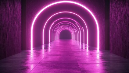 Poster - Futuristic empty hallway illuminated by vibrant pink neon lights, reflecting on sleek floor, creating an ethereal and atmospheric cinematic environment