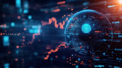 Poster - Futuristic Sphere Glowing in Vivid Blue and Red Hues Against a Vibrant Background Creating a Dynamic and Enigmatic Visual Experience of Modernity