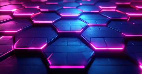 Poster - Futuristic Hexagonal Pattern with Neon Glows in Blue and Pink Colors on a Dark Background for Backgrounds, Textures, and Conceptual Designs