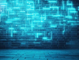 Poster - Illuminated Brick Wall with Vibrant Blue Lights Creating a Modern Urban Atmosphere Perfect for Nighttime Photography and Contemporary Design Aesthetics