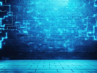 Poster - Illuminated Brick Wall Featuring Soft Blue Lights Creating a Modern Urban Atmosphere with a Hint of Mystery and Depth in an Artistic Ambiance