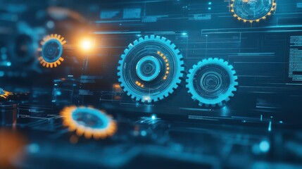 Poster - Intricate Composition of Interlocking Gears Set Against a Deep Blue and Black Background Evoking a Sense of Mechanic Precision and Artistic Design