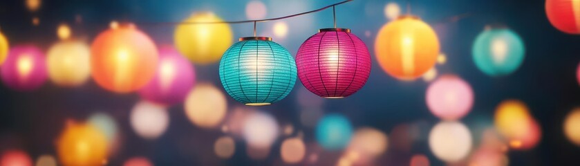 Poster - Vibrant Colorful Lanterns Illuminating a Festive Atmosphere in a Nighttime Setting Creating a Joyful and Enchanting Celebration of Light and Color