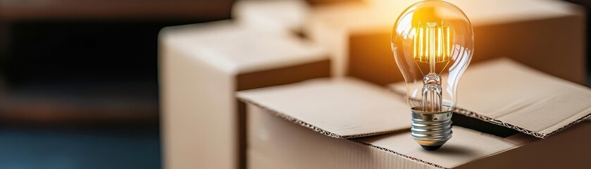 Poster - A Bright Light Bulb Illuminating a Simple Cardboard Box in a Minimalist Setting Evoking Creativity and Innovation in Everyday Objects and Spaces