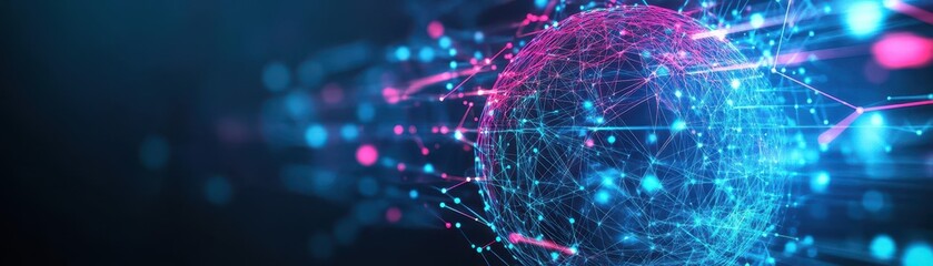 Poster - Vibrant Blue and Pink Sphere Surrounded by Intricate Network of Lines Representing Connectivity and Technology in a Modern Abstract Design