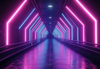 Poster - Futuristic Neon Tunnel with Vibrant Lights and Reflection on Wet Ground, Creating an Atmosphere of Mystery and Technology