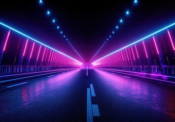 Poster - Futuristic Neon Tunnel with Vibrant Blue and Pink Lights Reflecting on Wet Asphalt Road at Night Ideal for Science Fiction or Modern Design Themes