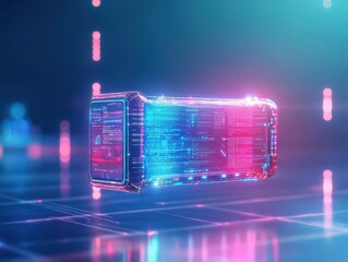 Poster - Vibrant Computer Case Illuminated by Dynamic Blue and Pink Lights Set Against a Deep Black Background Creating a Futuristic and Energetic Atmosphere