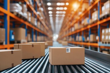 Poster - Spacious Warehouse Interior Filled with Stacked Boxes on the Floor Highlighting Industrial Atmosphere and Organized Storage for Goods and Supplies