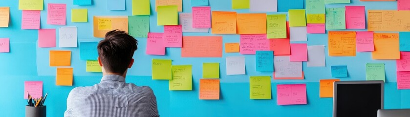 Poster - Focused Woman Engaged in Creative Work at Desk Surrounded by Colorful Sticky Notes on Wall Reflecting a Productive and Organized Workspace Atmosphere