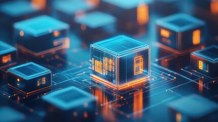 Poster - Intricate Computer Processor Surrounded by Numerous Small Cubes in a High-Tech Setting Highlighting the Fusion of Technology and Innovation