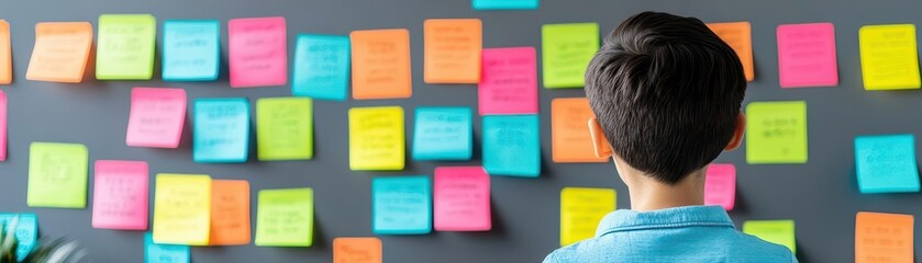 Poster - Contemplative Woman Analyzing Colorful Sticky Notes on a Wall in a Creative Workspace Evoking Inspiration and Organization for Future Projects