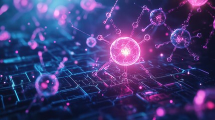 Poster - Futuristic Computer Circuit Board with a Glowing Sphere Centerpiece Illuminating the Surroundings Creating a High-Tech and Innovative Atmosphere