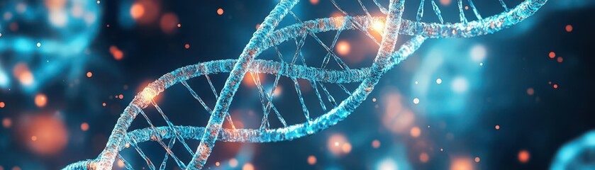 Poster - Intricate Double Helix DNA Strand Illuminated Against a Softly Blurred Background Symbolizing Life Science Research and Genetic Discovery in Modern Laboratory