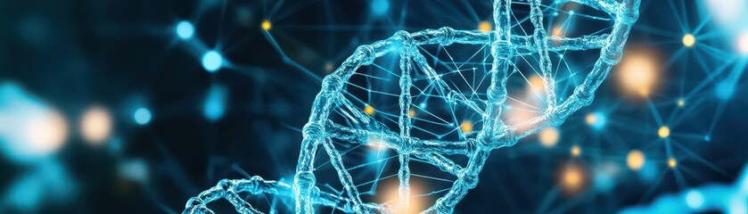 Poster - Intricate Double Helix Structure of DNA with Vibrant Blue and Green Colors in a Scientific Laboratory Setting Highlighting Biological Research and Discovery