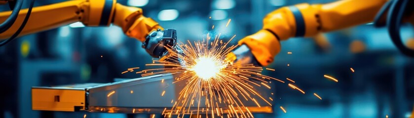 Poster - Futuristic Industrial Scene Featuring Advanced Robot Arm Skillfully Welding a Metal Piece in a Well-Lit Workshop with Sparks Flying and Precision